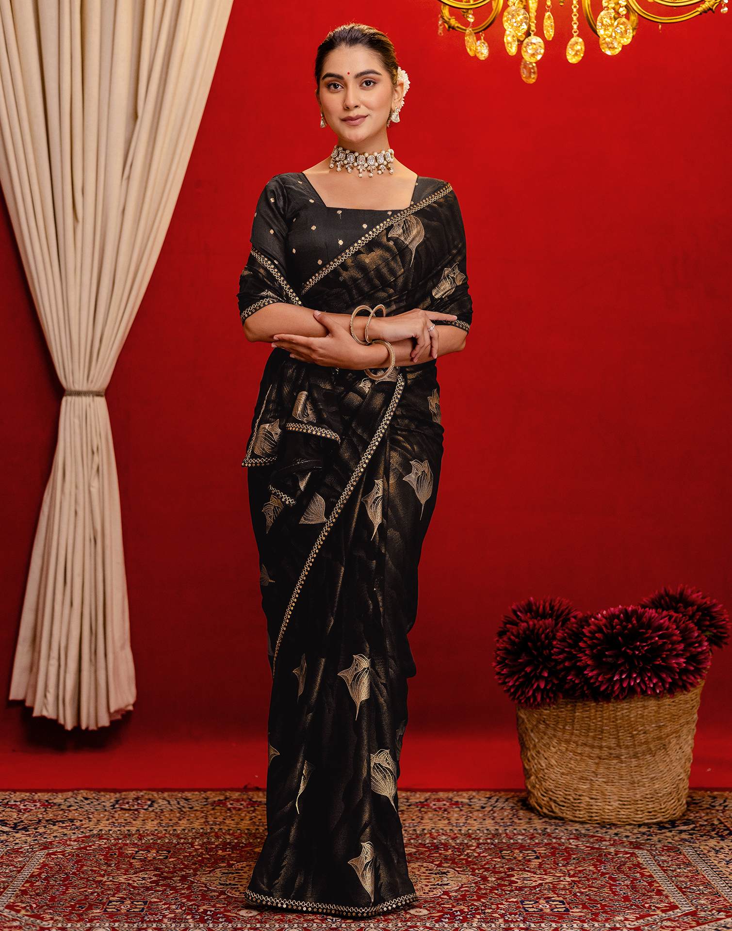 Black Georgette Foil Printed Lace Saree - Image 6