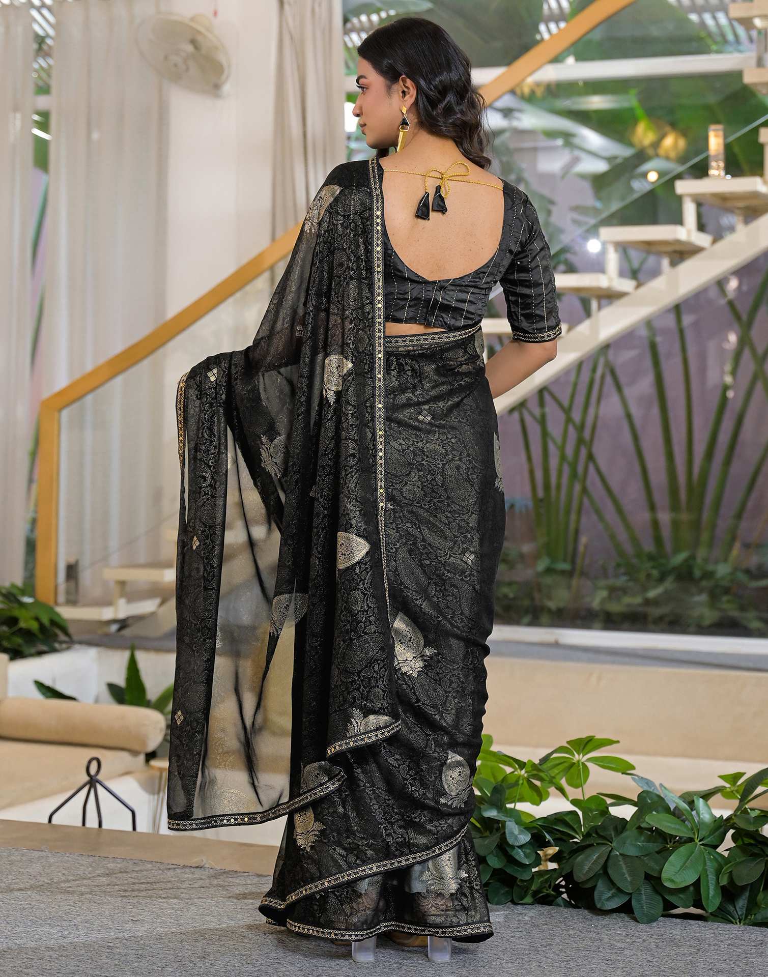 Black Georgette Foil Printed Lace Saree - Image 6