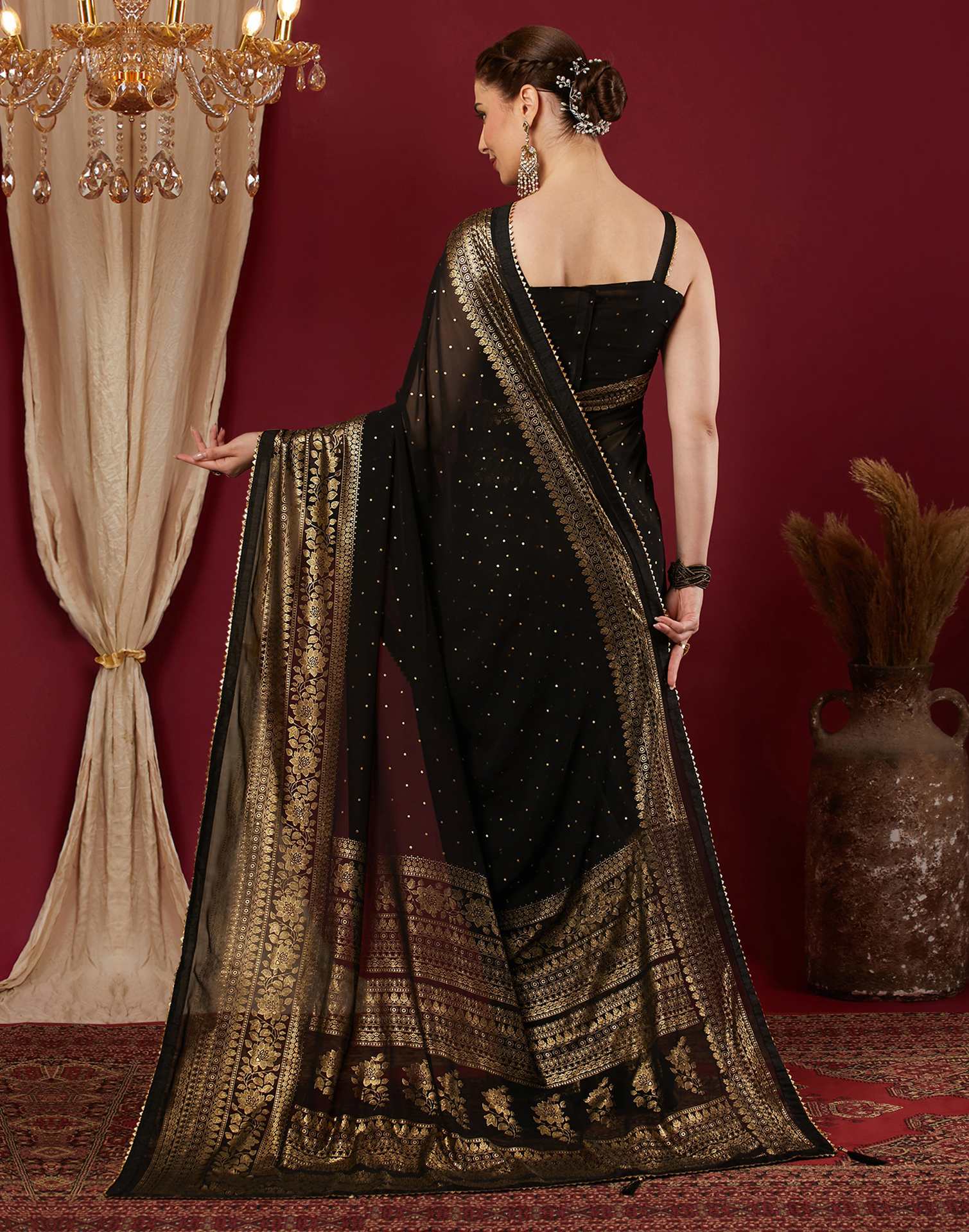 Black Georgette Foil Printed Saree - Image 5