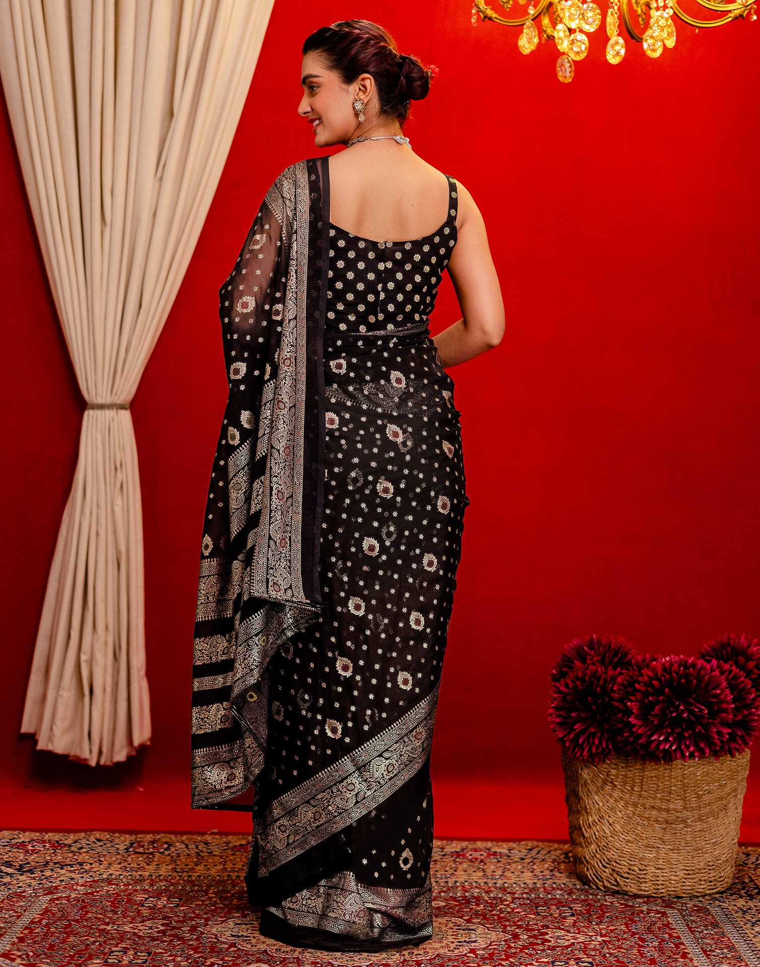 Black Georgette Foil Printed Saree - Image 7