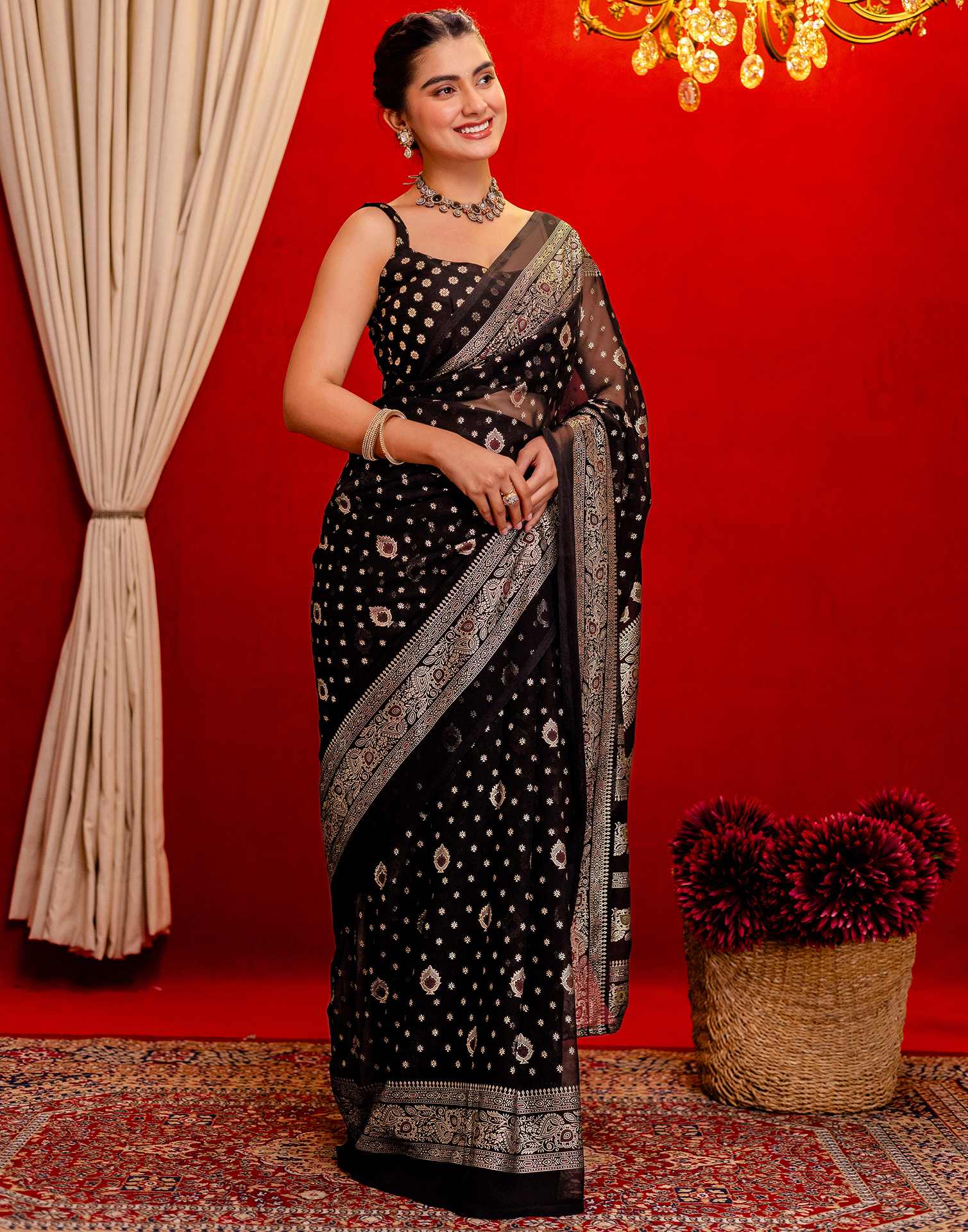 Black Georgette Foil Printed Saree - Image 9