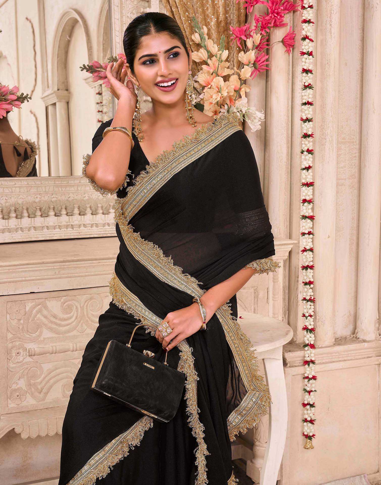 Black Georgette Gota Lace Saree - Image 2