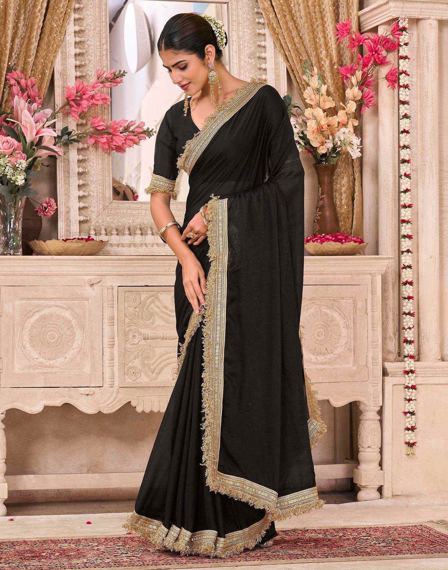 Black Georgette Gota Lace Saree - Image 4
