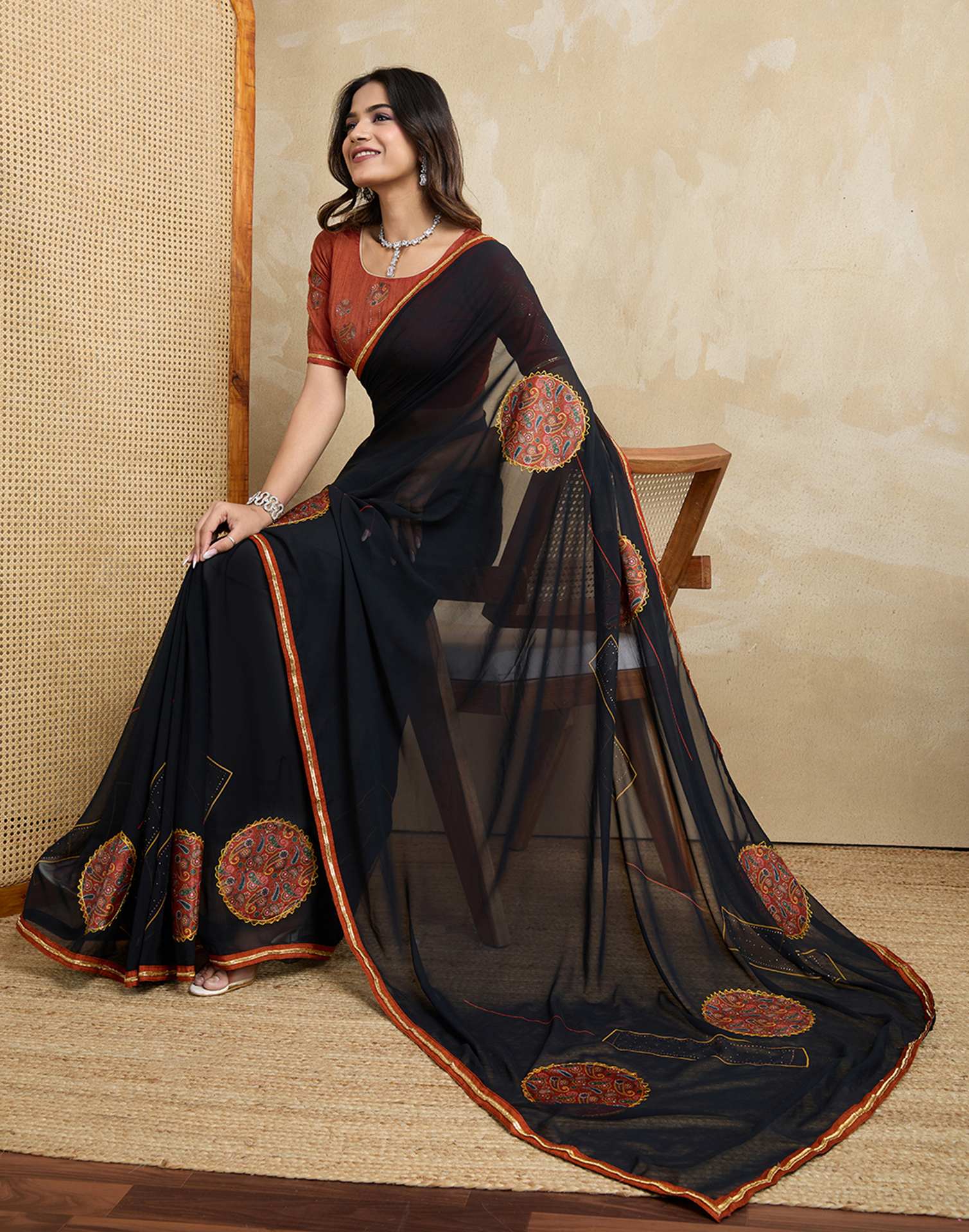 Black Georgette Patch work Embellished Saree - Image 7