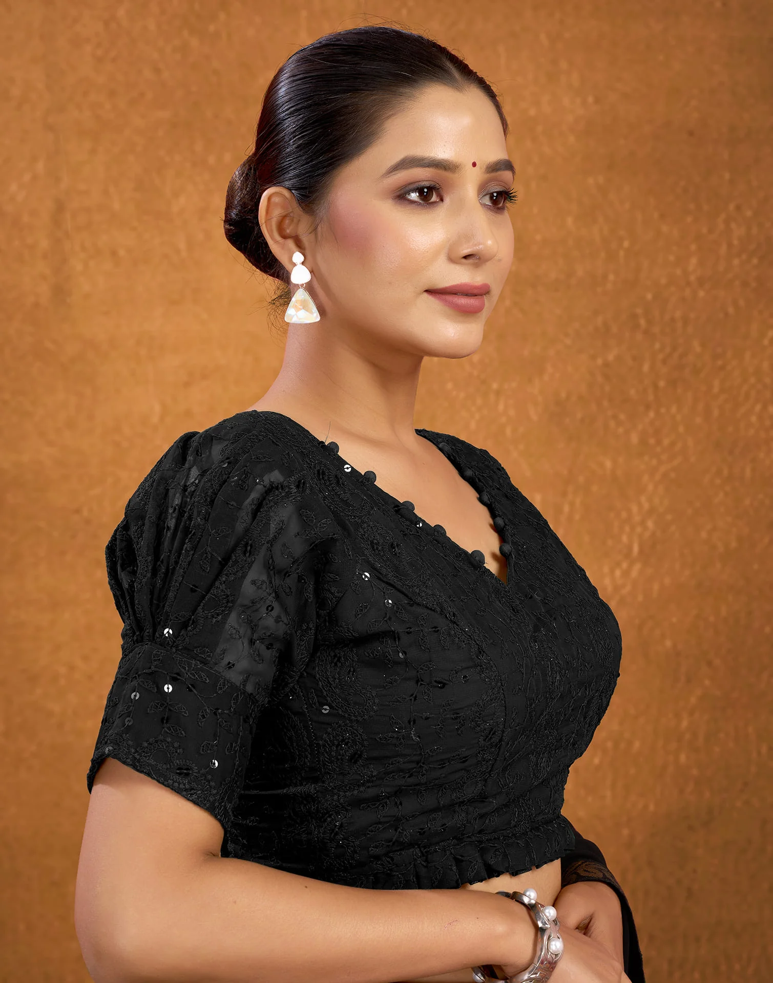 Black Georgette Plain Chikankari Blouse - Image 4