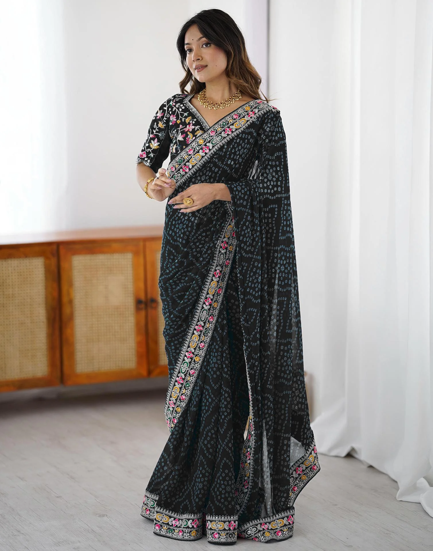 Black Georgette Printed Bandhani Saree