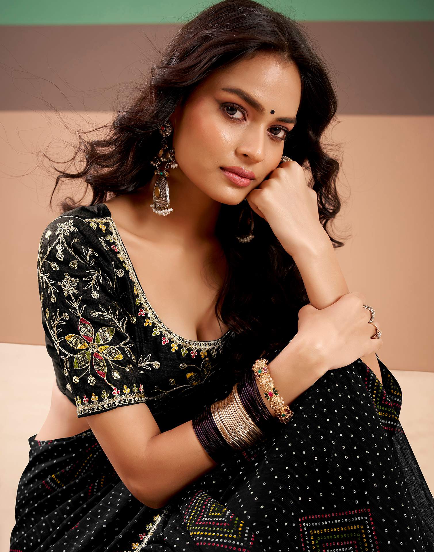 Black Georgette Printed Bandhani Saree - Image 2