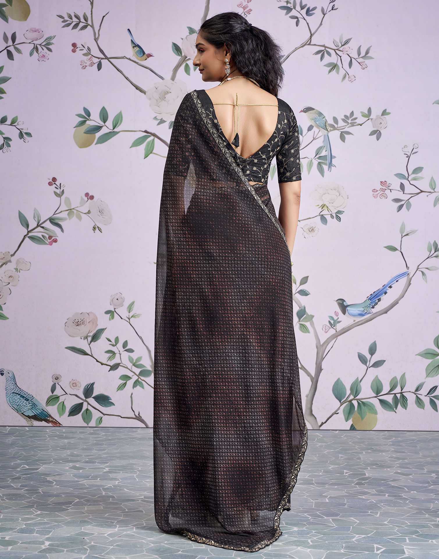 Black Georgette Printed Lace Saree - Image 6