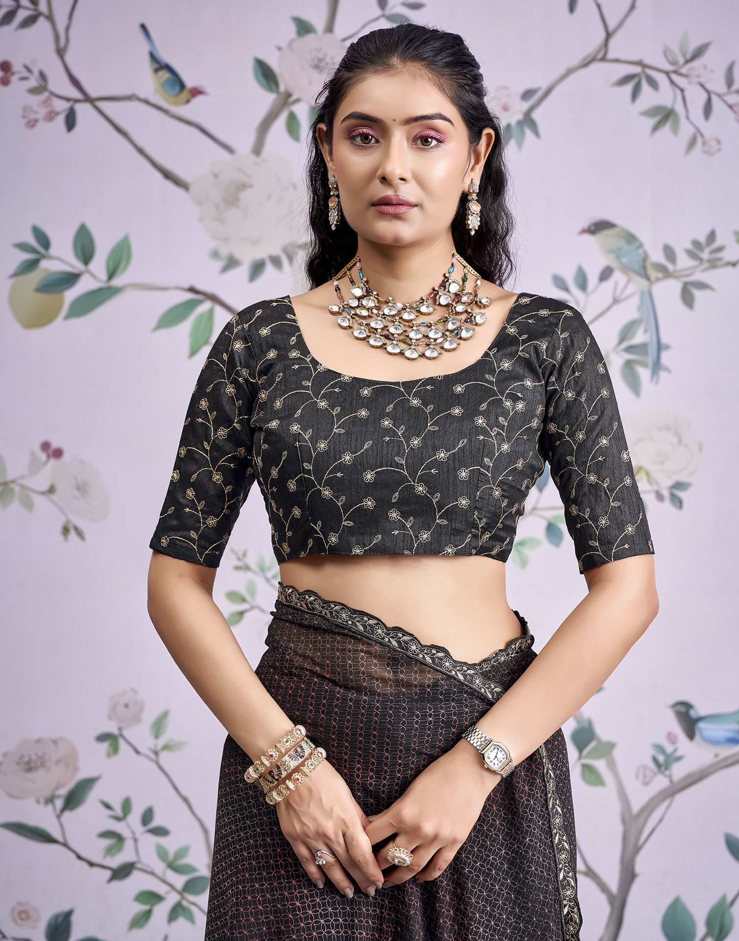 Black Georgette Printed Lace Saree - Image 7