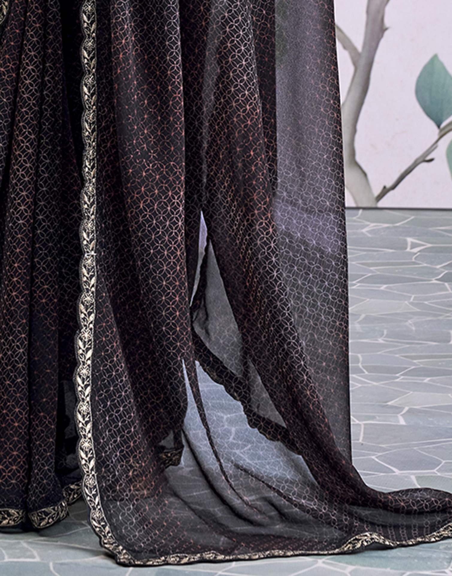 Black Georgette Printed Lace Saree - Image 8