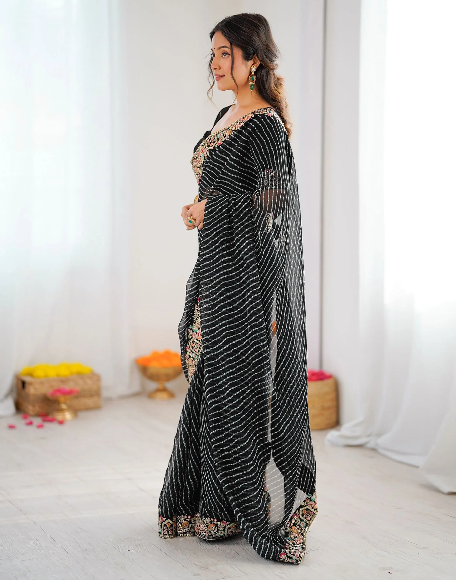Black Georgette Printed Laheriya Saree - Image 4