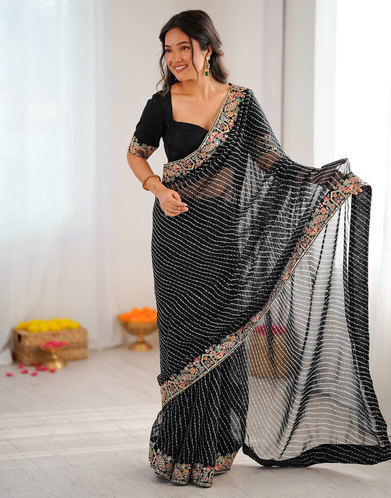 Black Georgette Printed Laheriya Saree - Image 5