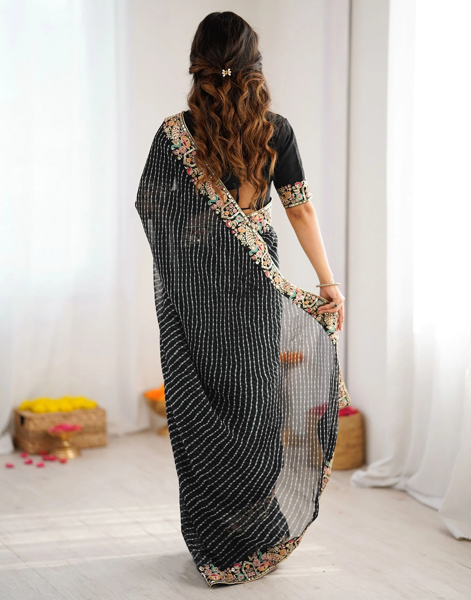 Black Georgette Printed Laheriya Saree - Image 6