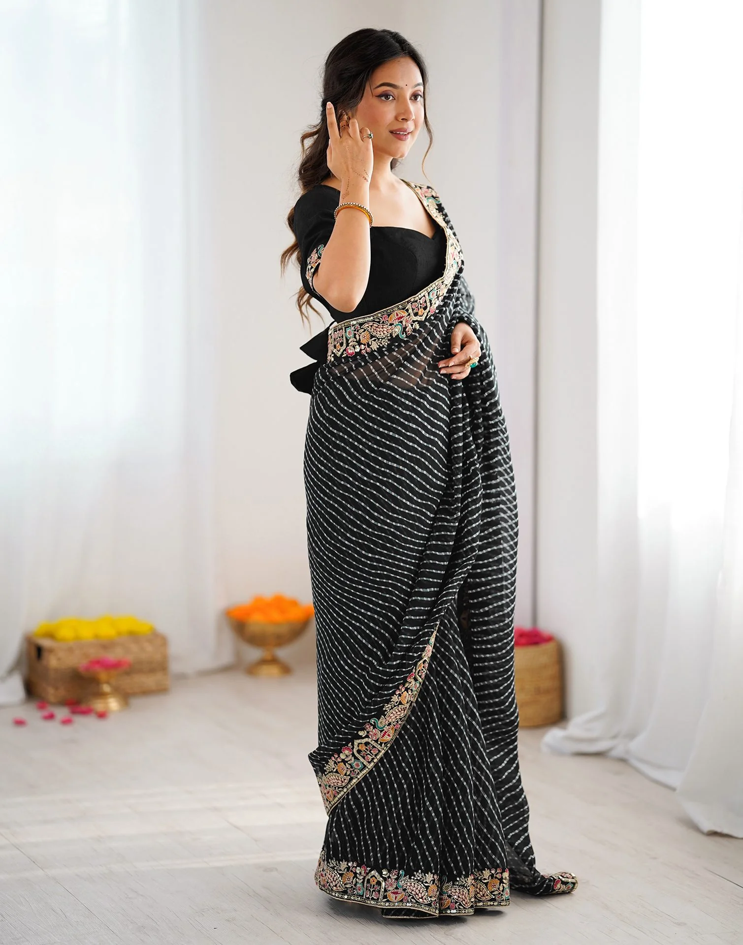 Black Georgette Printed Laheriya Saree - Image 8