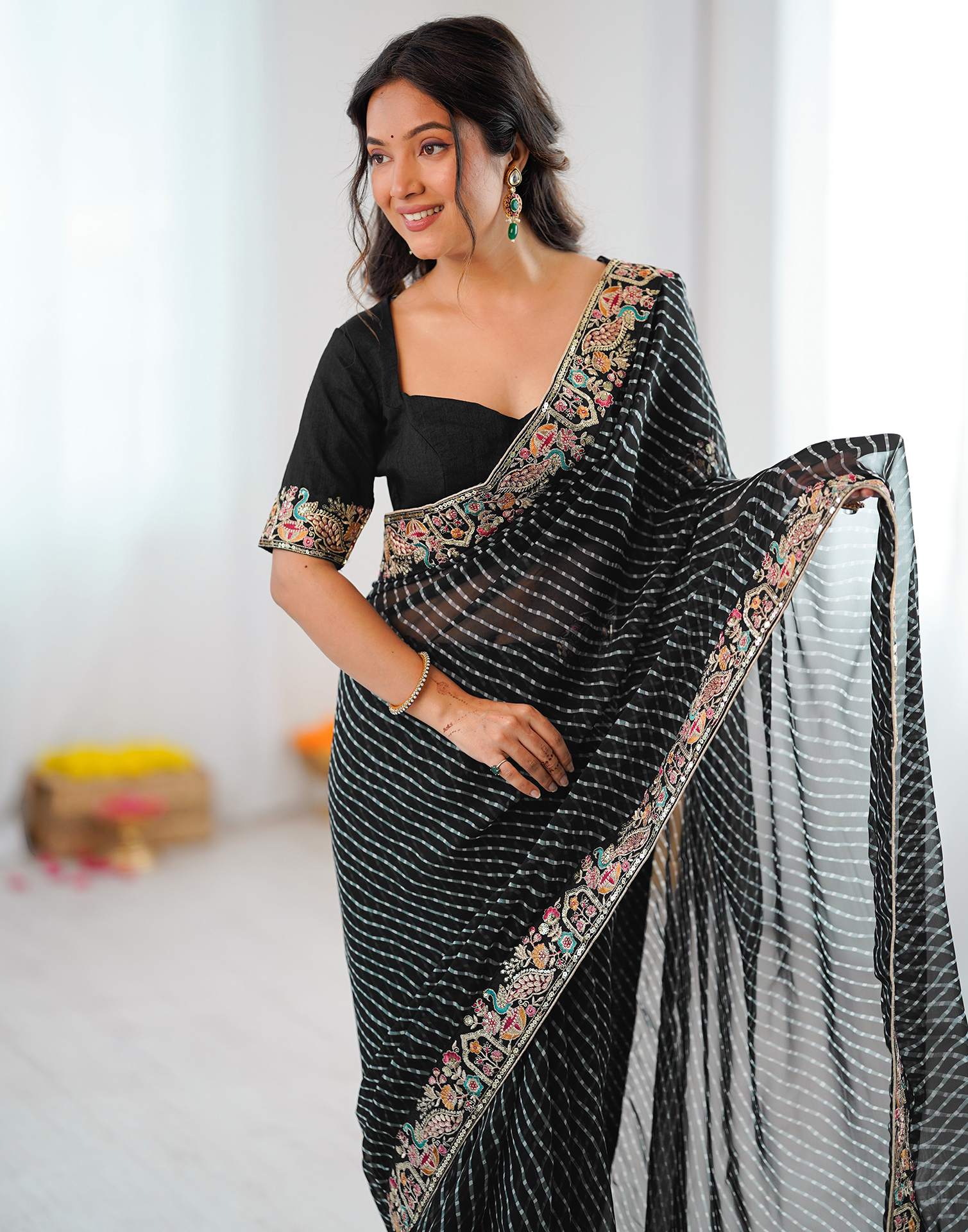 Black Georgette Printed Laheriya Saree - Image 9