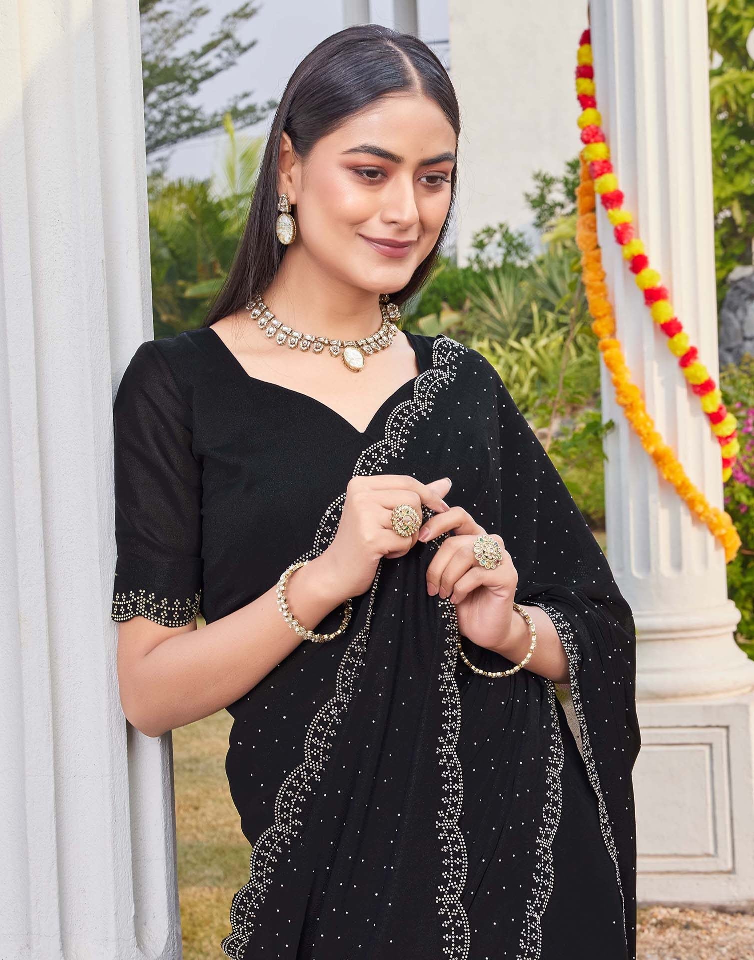 Black Georgette Stone Work Swarovski Saree - Image 2