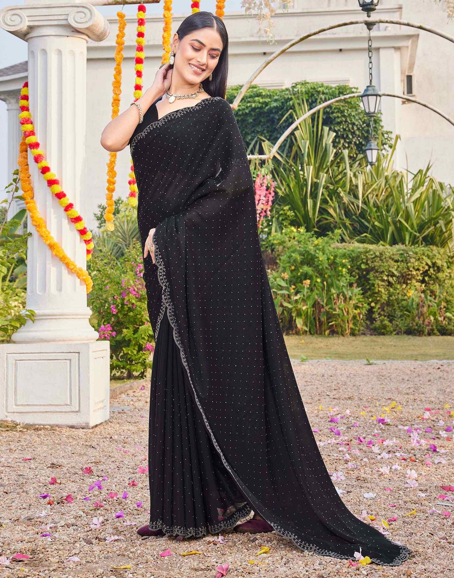 Black Georgette Stone Work Swarovski Saree - Image 4