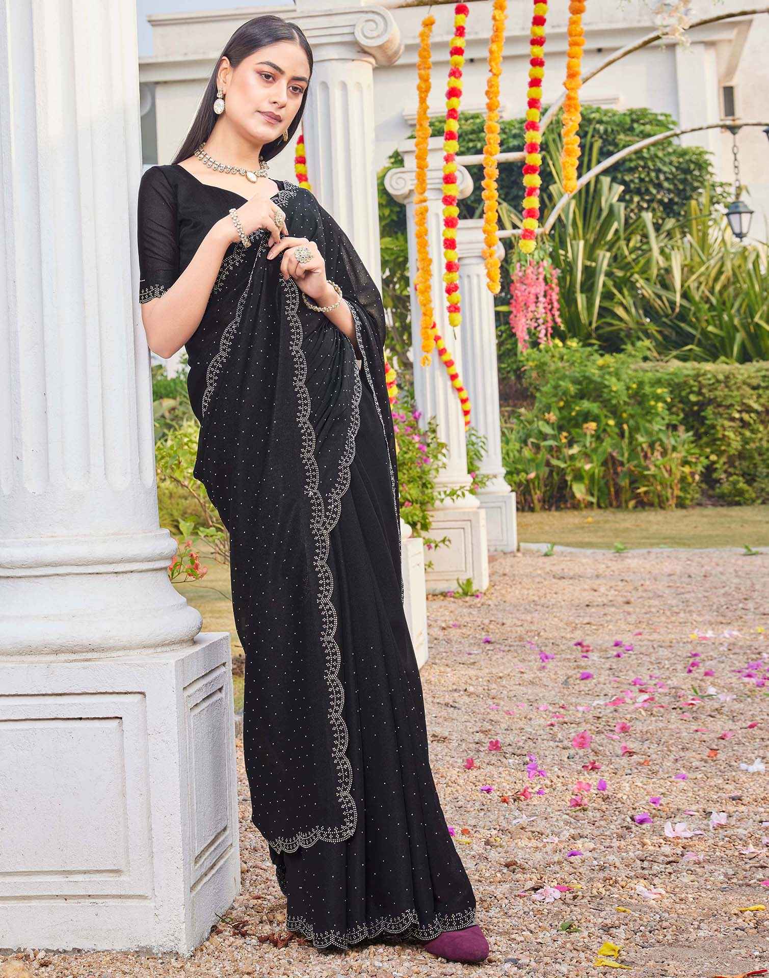Black Georgette Stone Work Swarovski Saree - Image 5