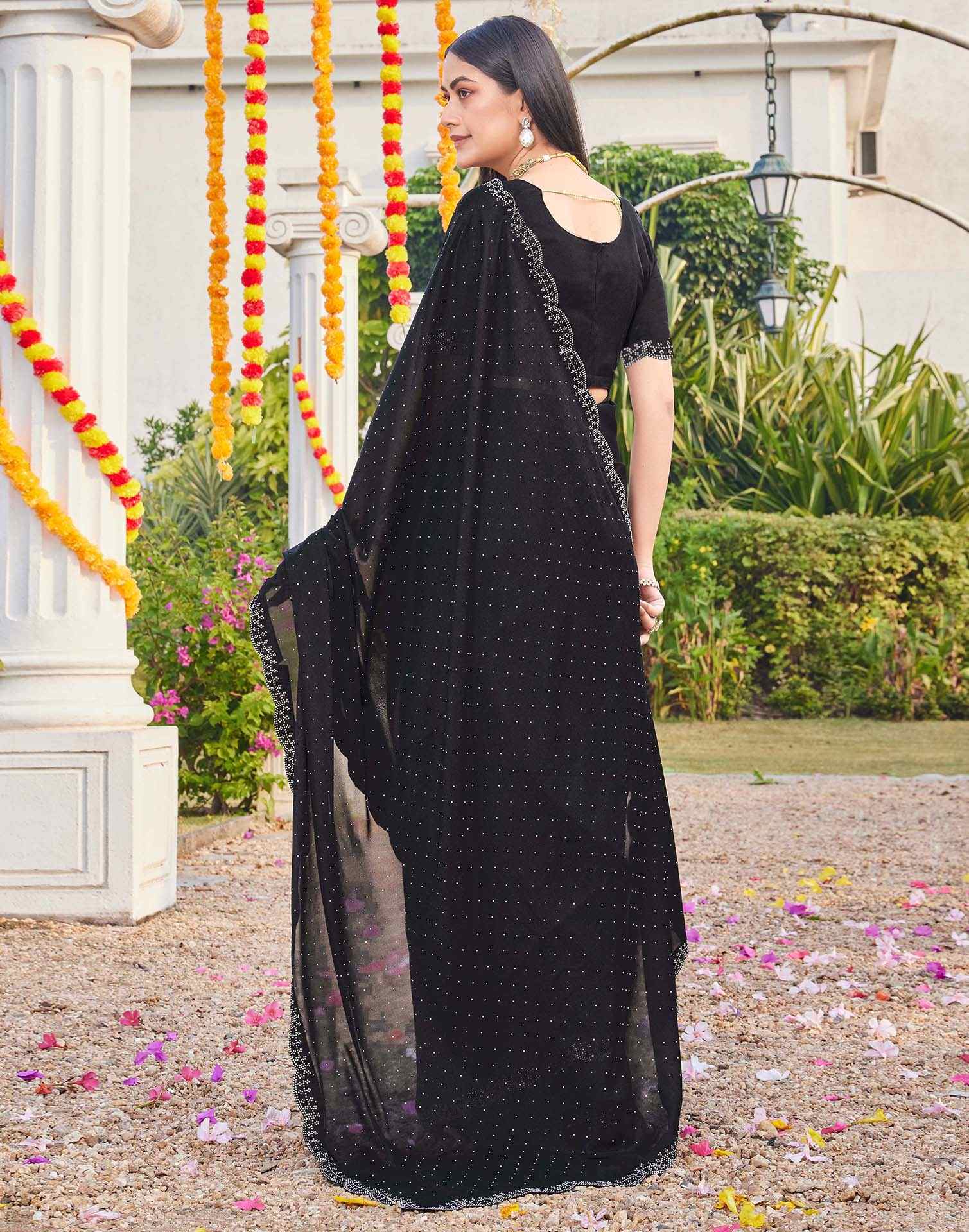 Black Georgette Stone Work Swarovski Saree - Image 6