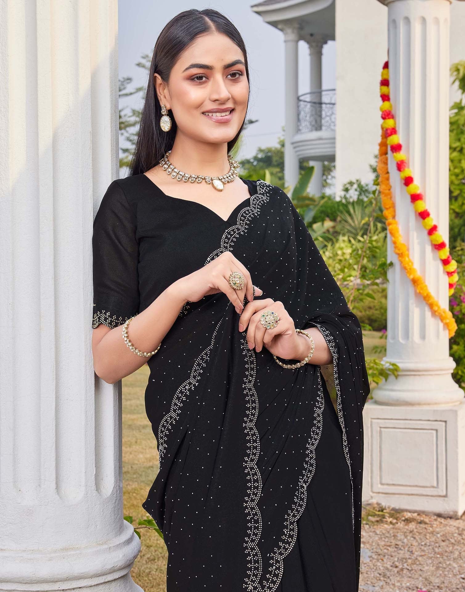 Black Georgette Stone Work Swarovski Saree - Image 9