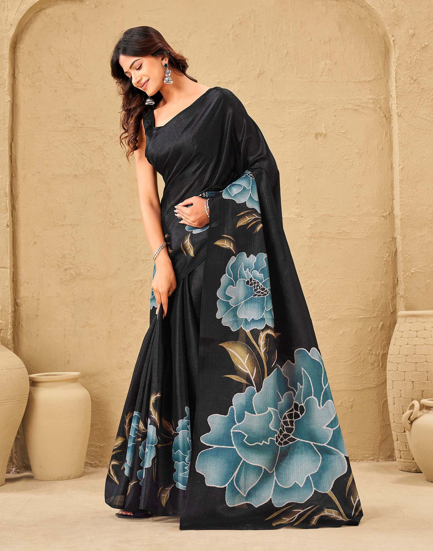 Black Khadi Floral Printed Saree - Image 4