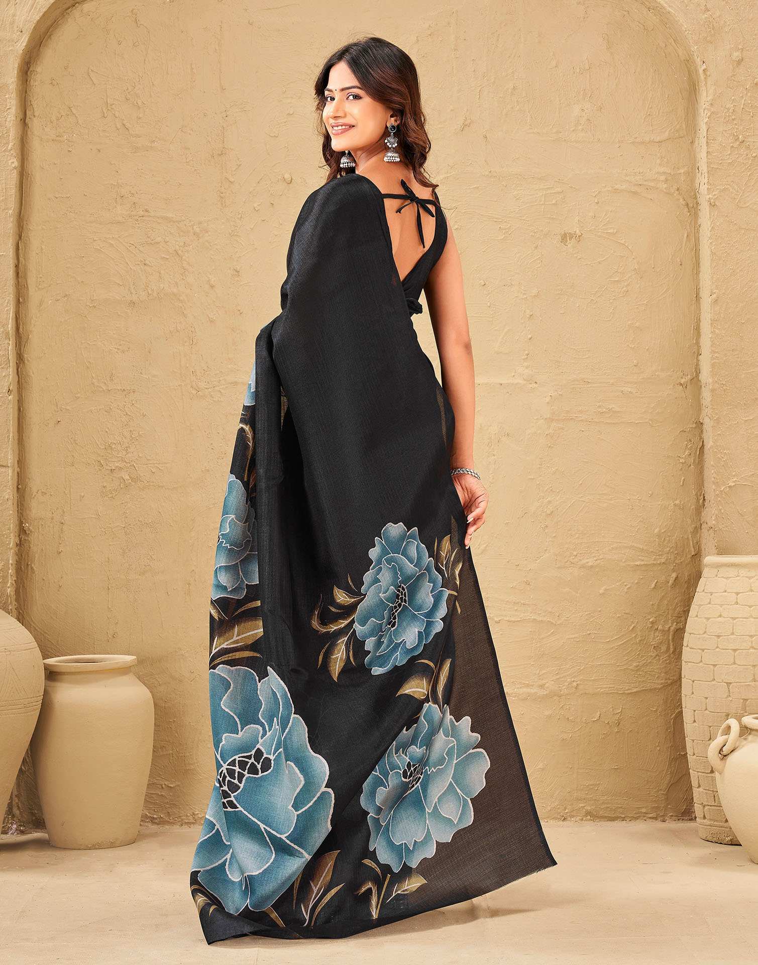 Black Khadi Floral Printed Saree - Image 6