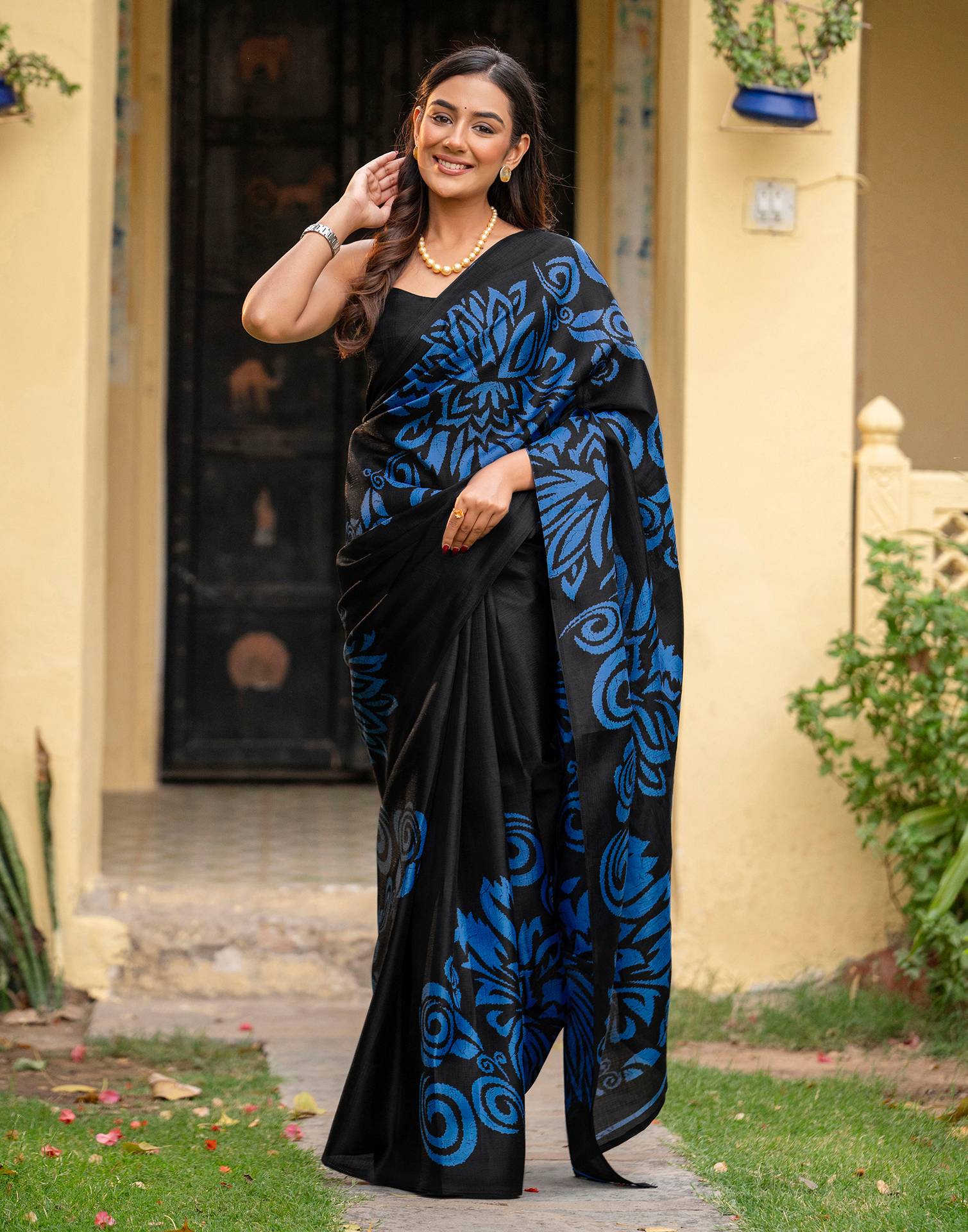 Black Khadi Floral Printed Saree - Image 6