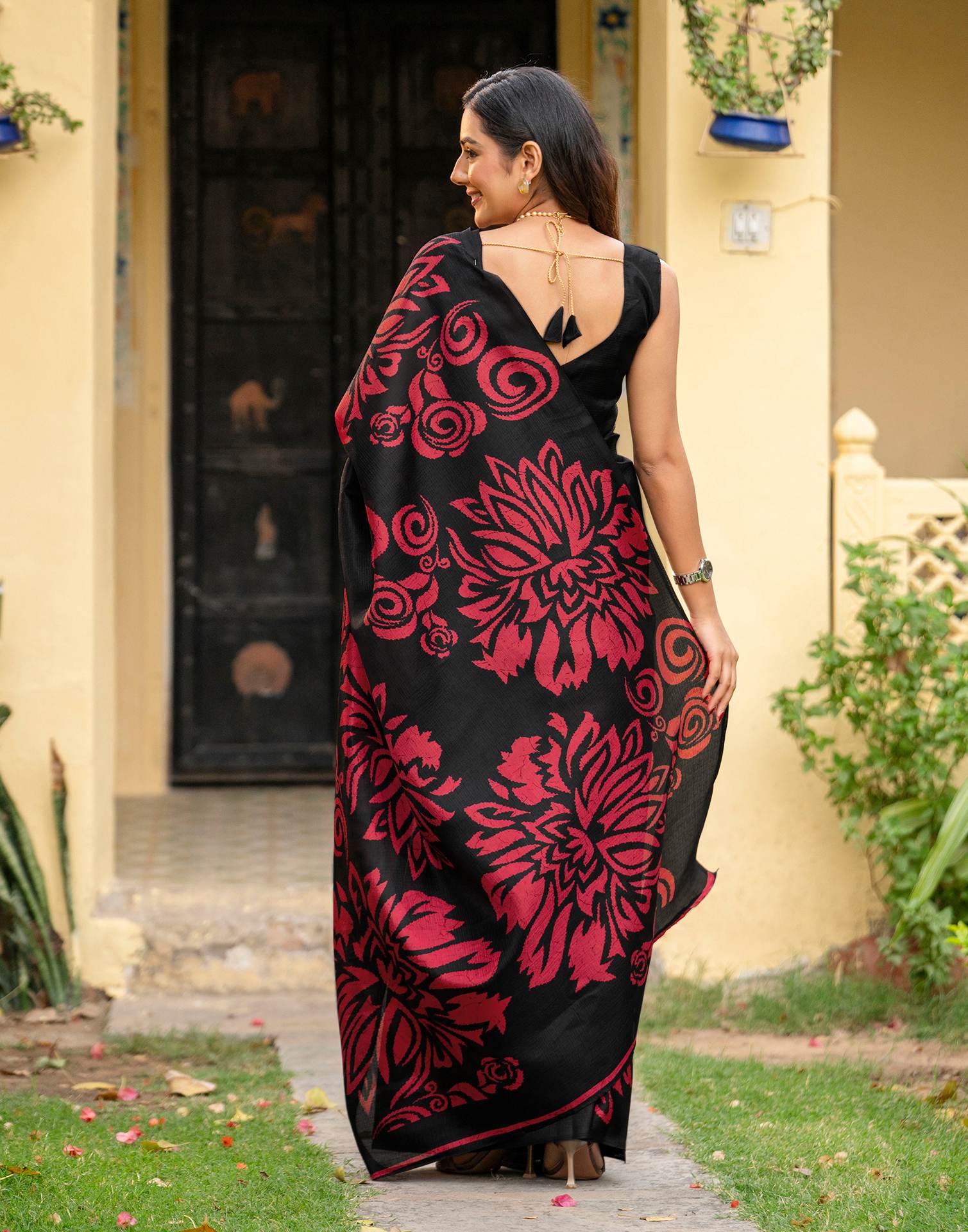 Black Khadi Floral Printed Saree - Image 6