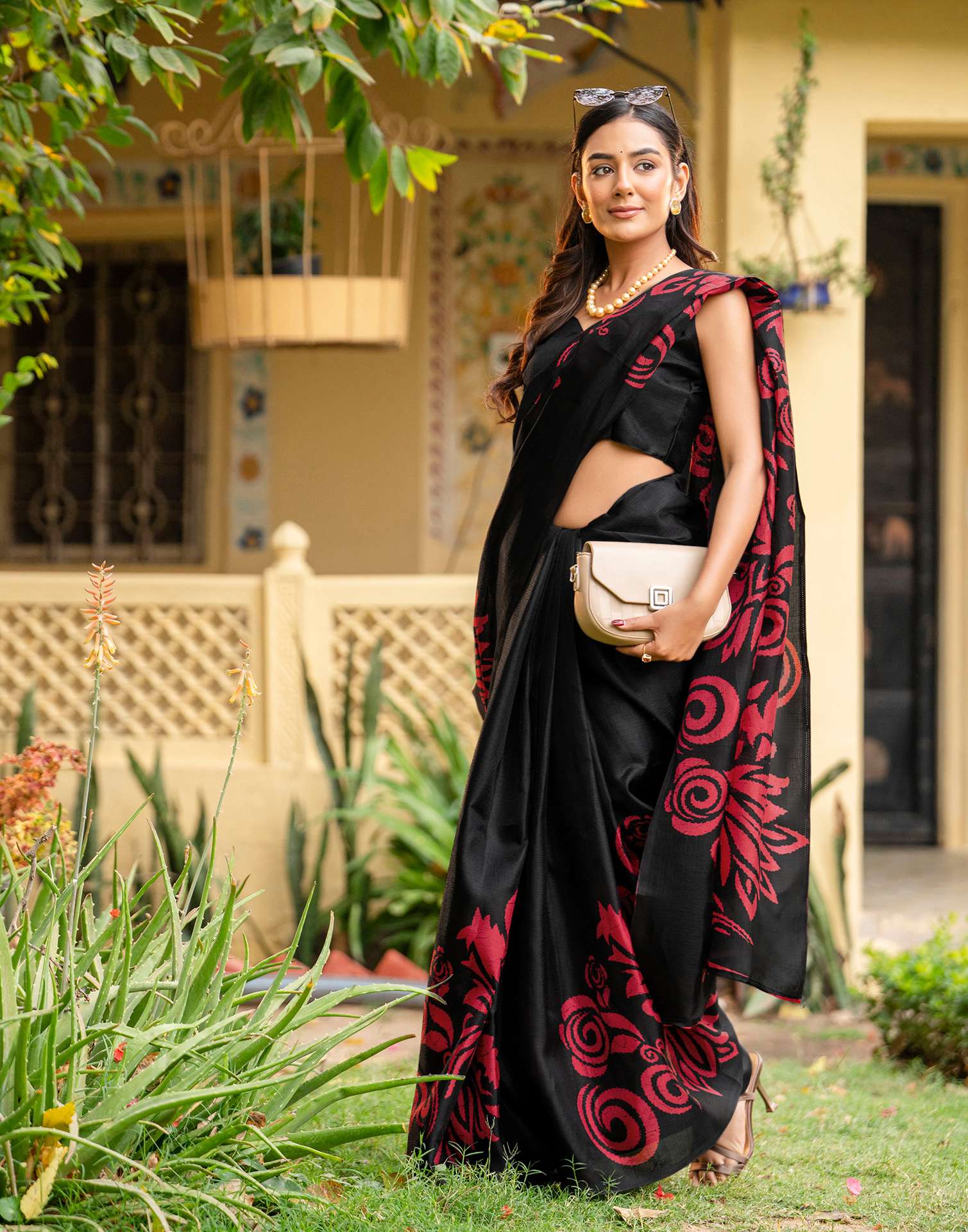 Black Khadi Floral Printed Saree - Image 8