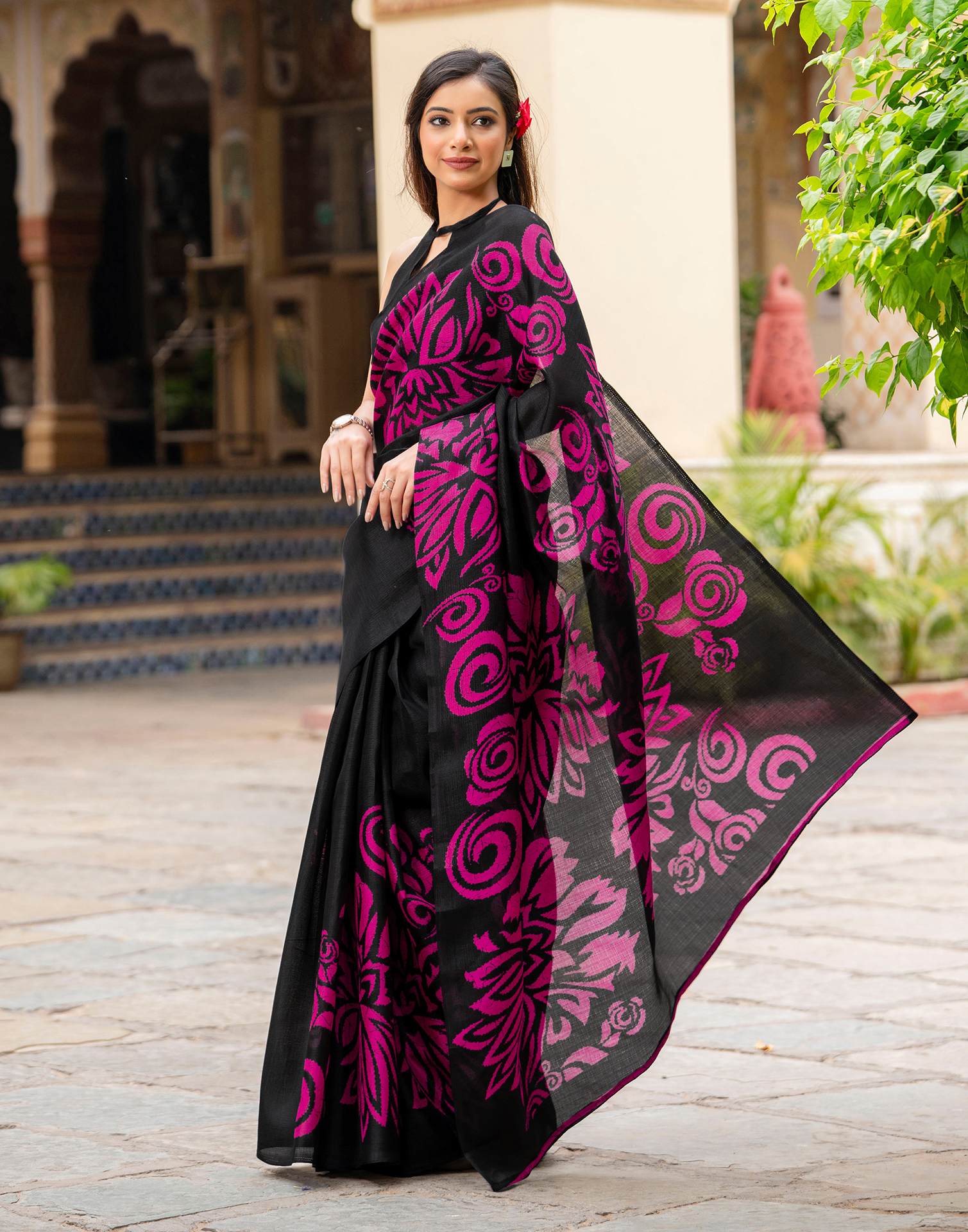 Black Khadi Floral Printed Saree - Image 3