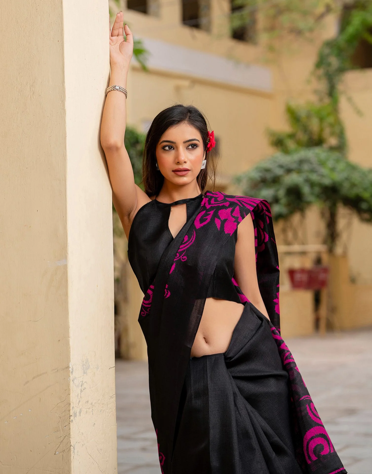 Black Khadi Floral Printed Saree - Image 5