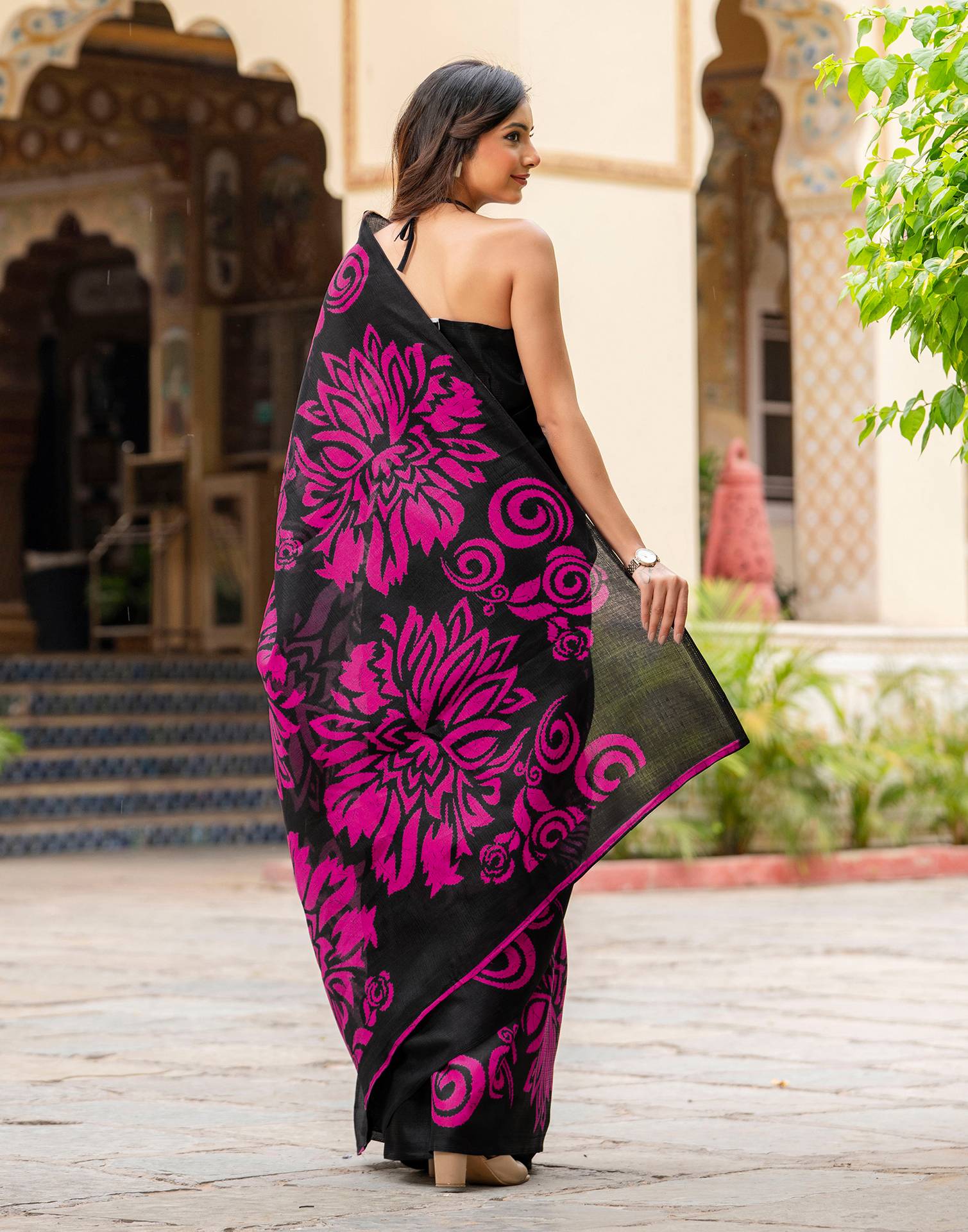 Black Khadi Floral Printed Saree - Image 7