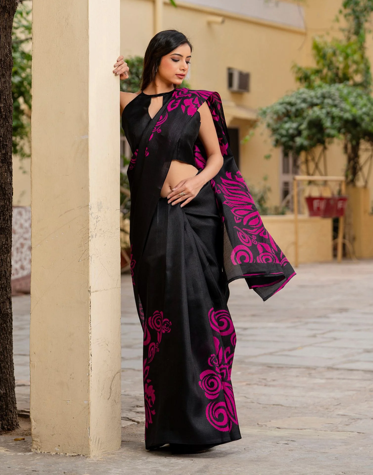 Black Khadi Floral Printed Saree - Image 8