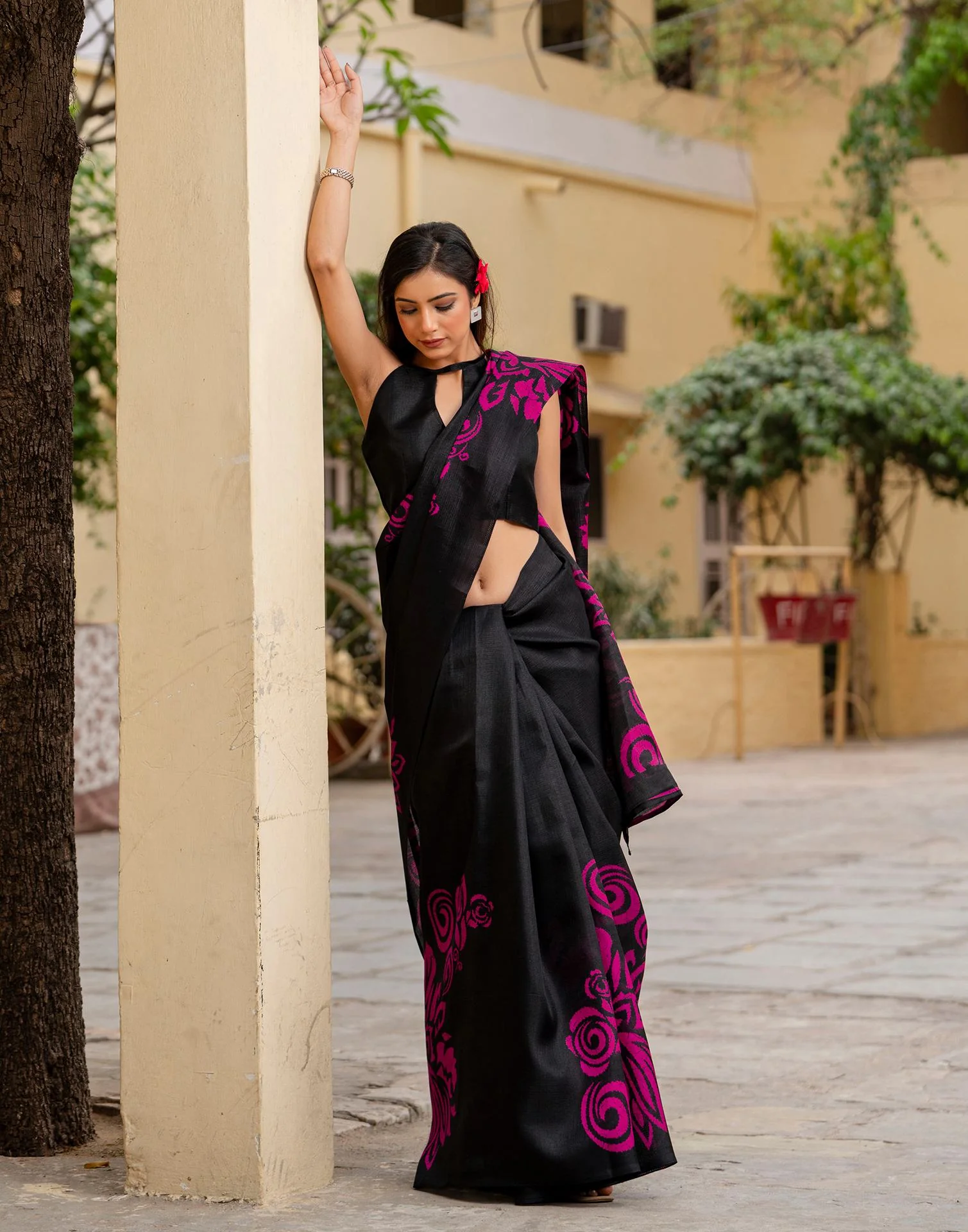 Black Khadi Floral Printed Saree - Image 9