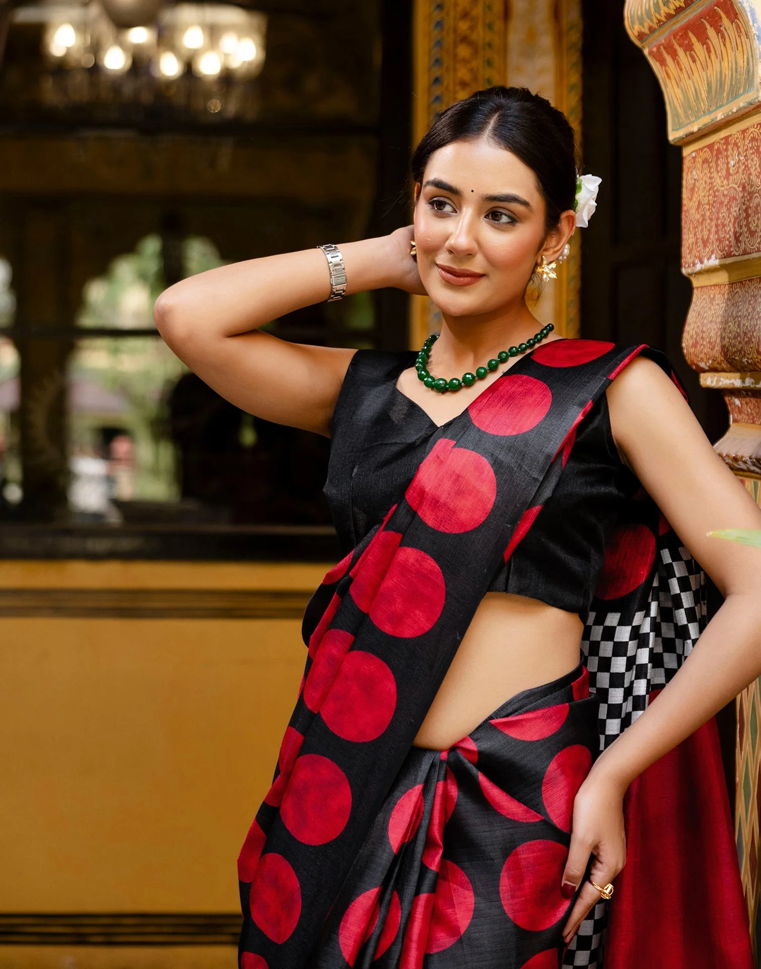Black Khadi Polka Dot Printed Saree - Image 10