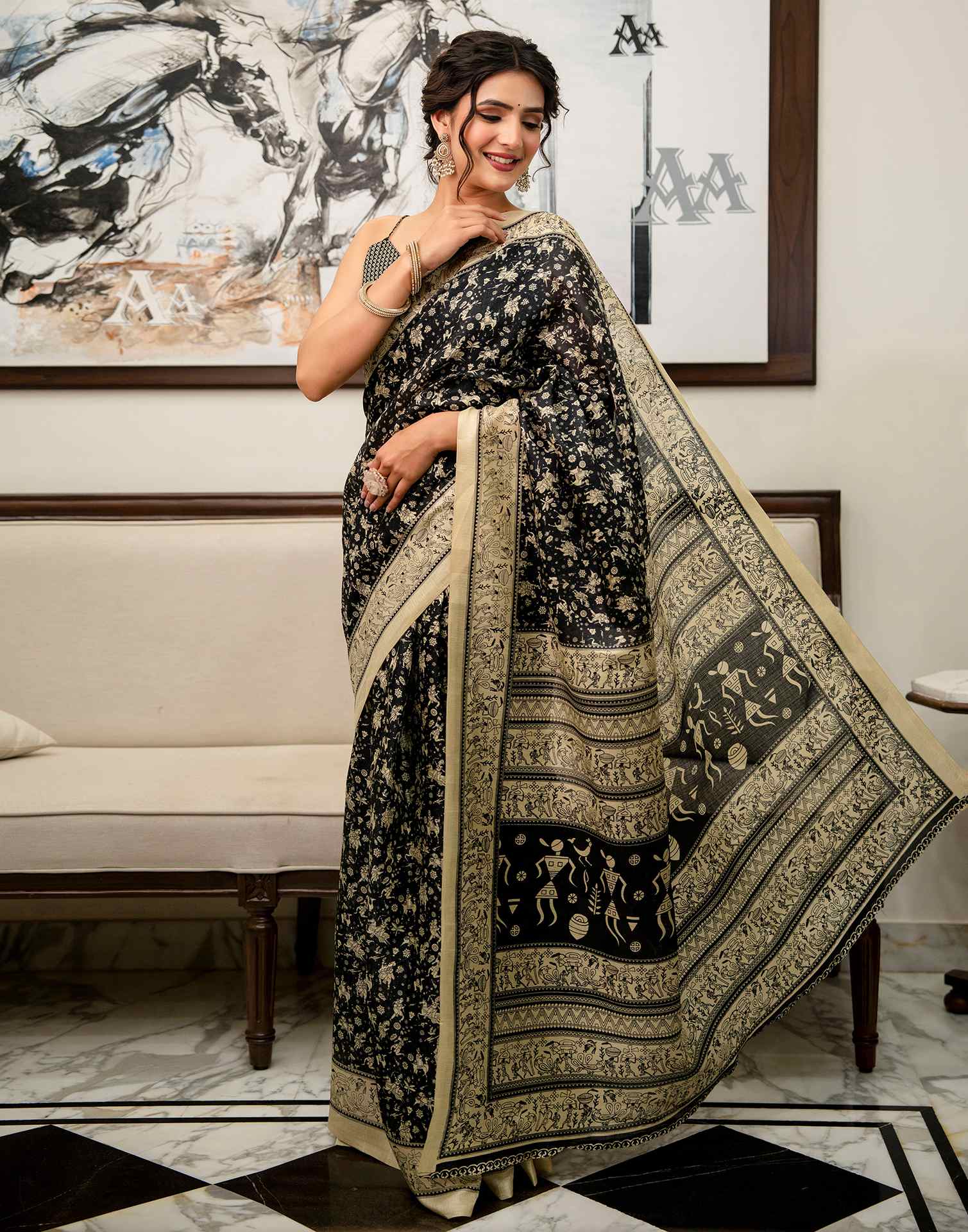 Black Khadi Printed Saree - Image 3