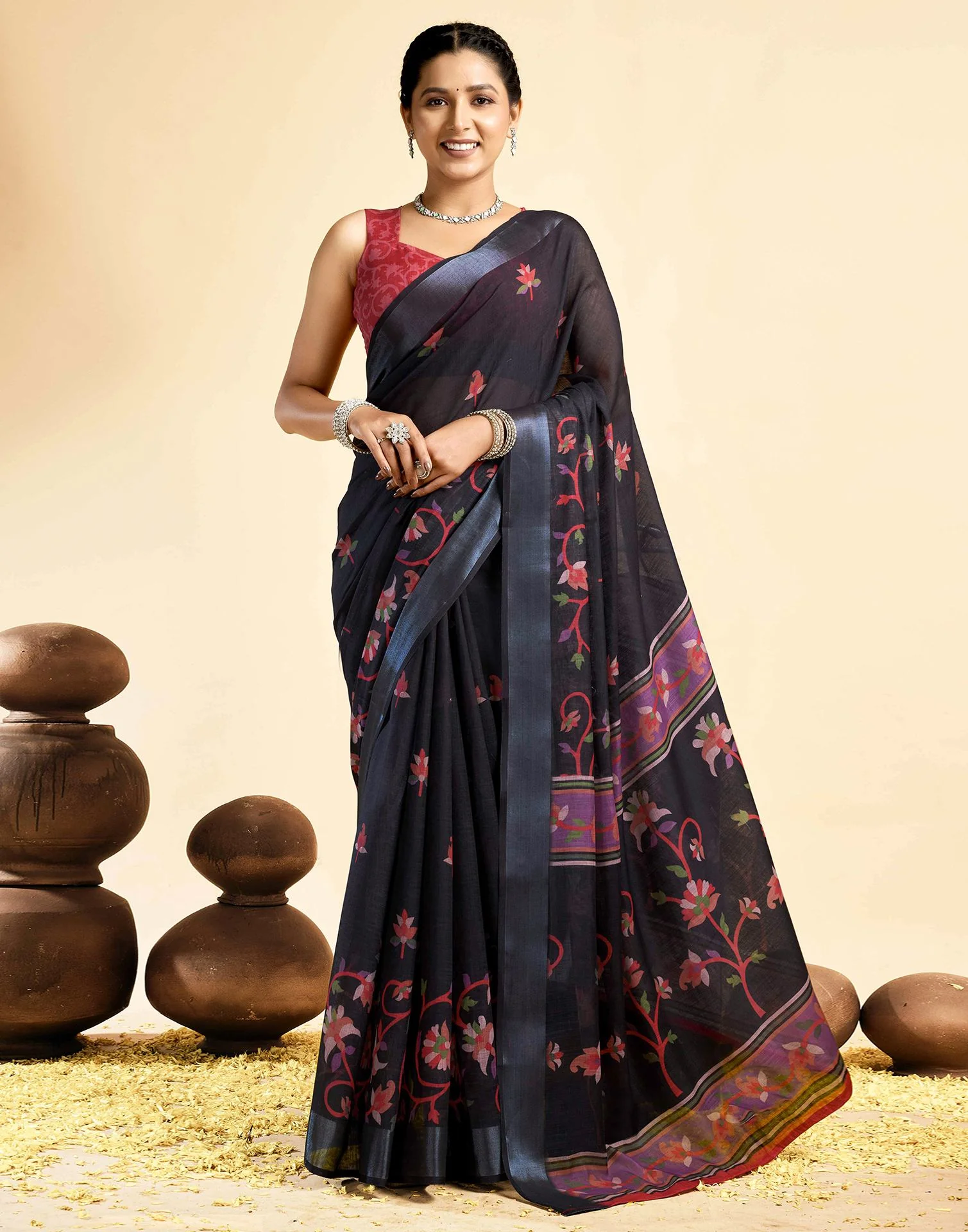 Black Linen Floral Printed Saree