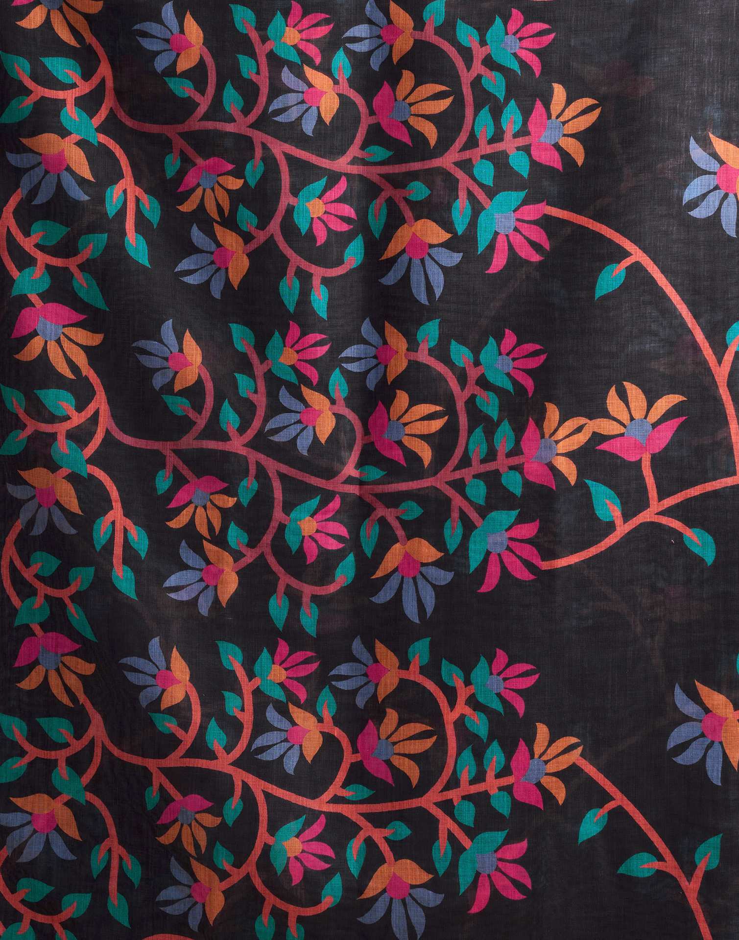 Black Linen Floral Printed Saree - Image 9