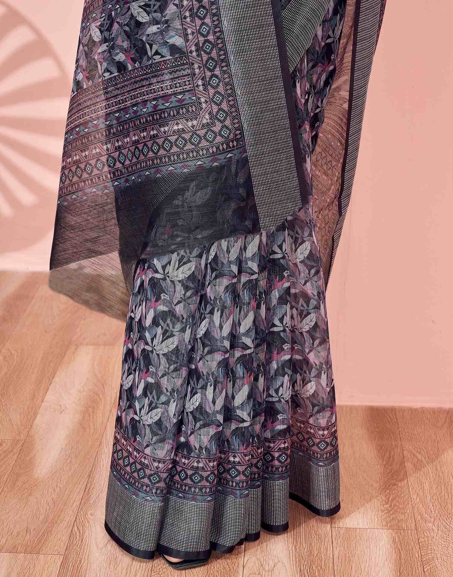 Black Linen Printed Saree - Image 9