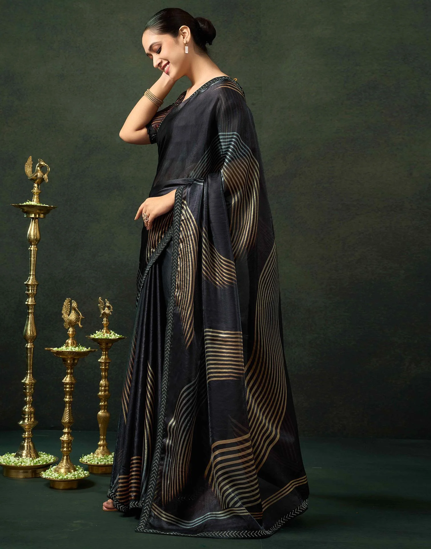 Black Organza Printed Swarovski Saree - Image 4