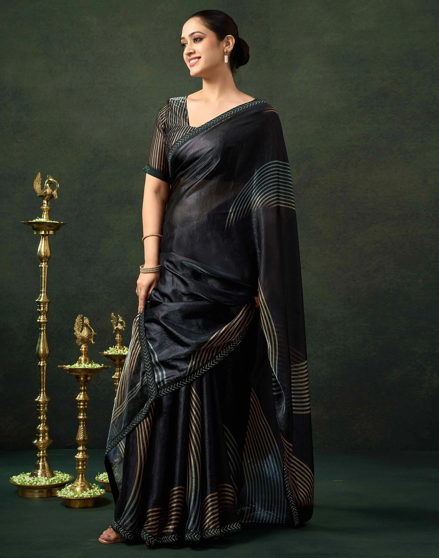 Black Organza Printed Swarovski Saree - Image 5