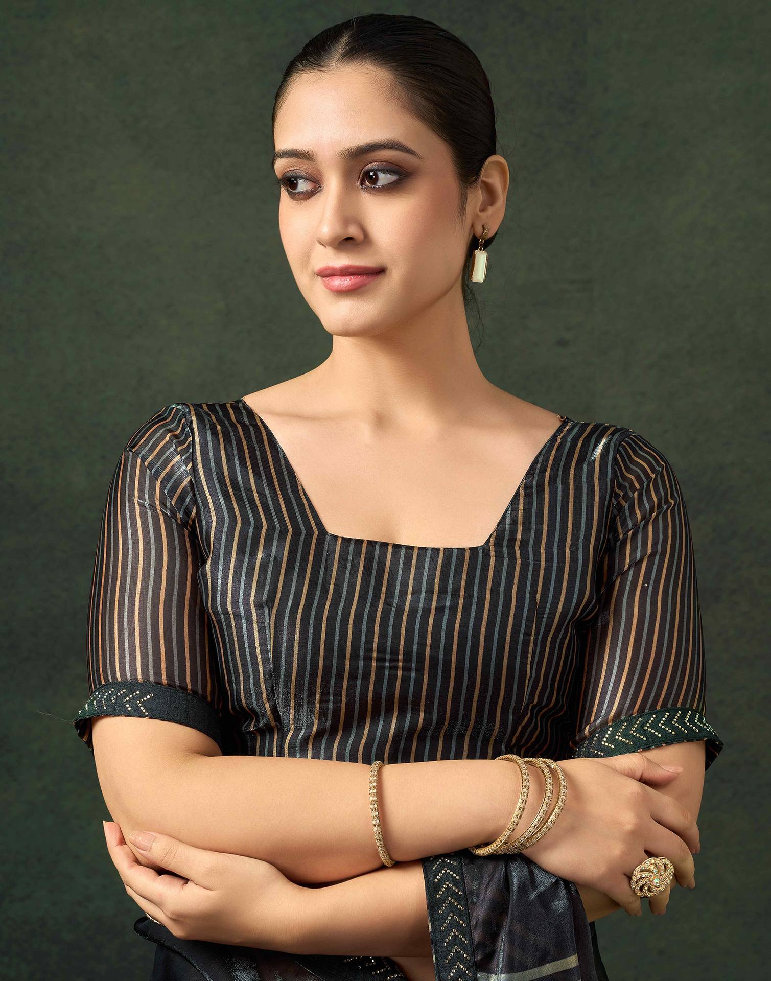 Black Organza Printed Swarovski Saree - Image 7