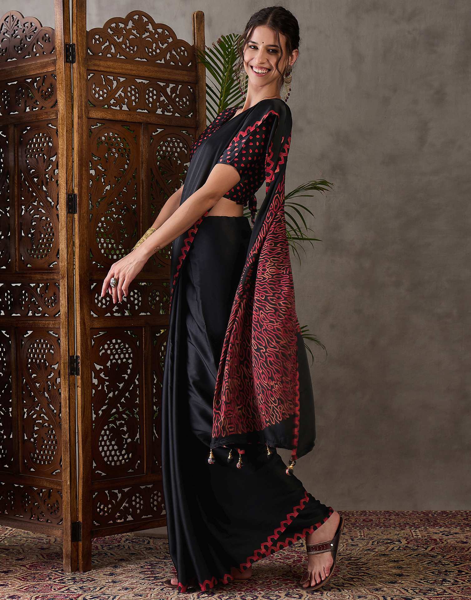 Black Satin Printed Saree - Image 4