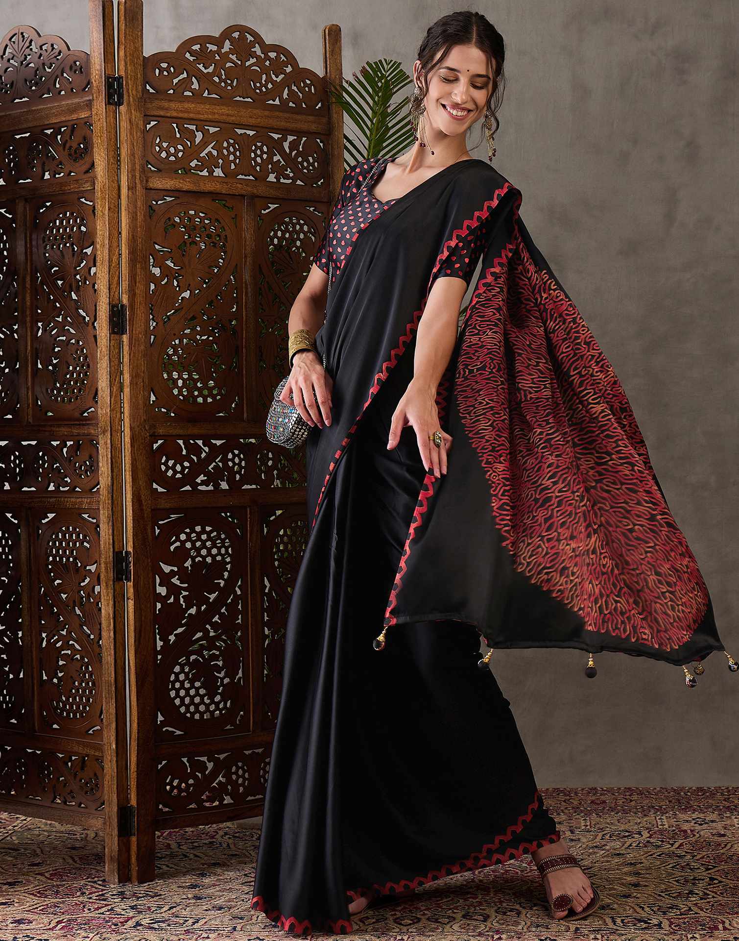 Black Satin Printed Saree - Image 5