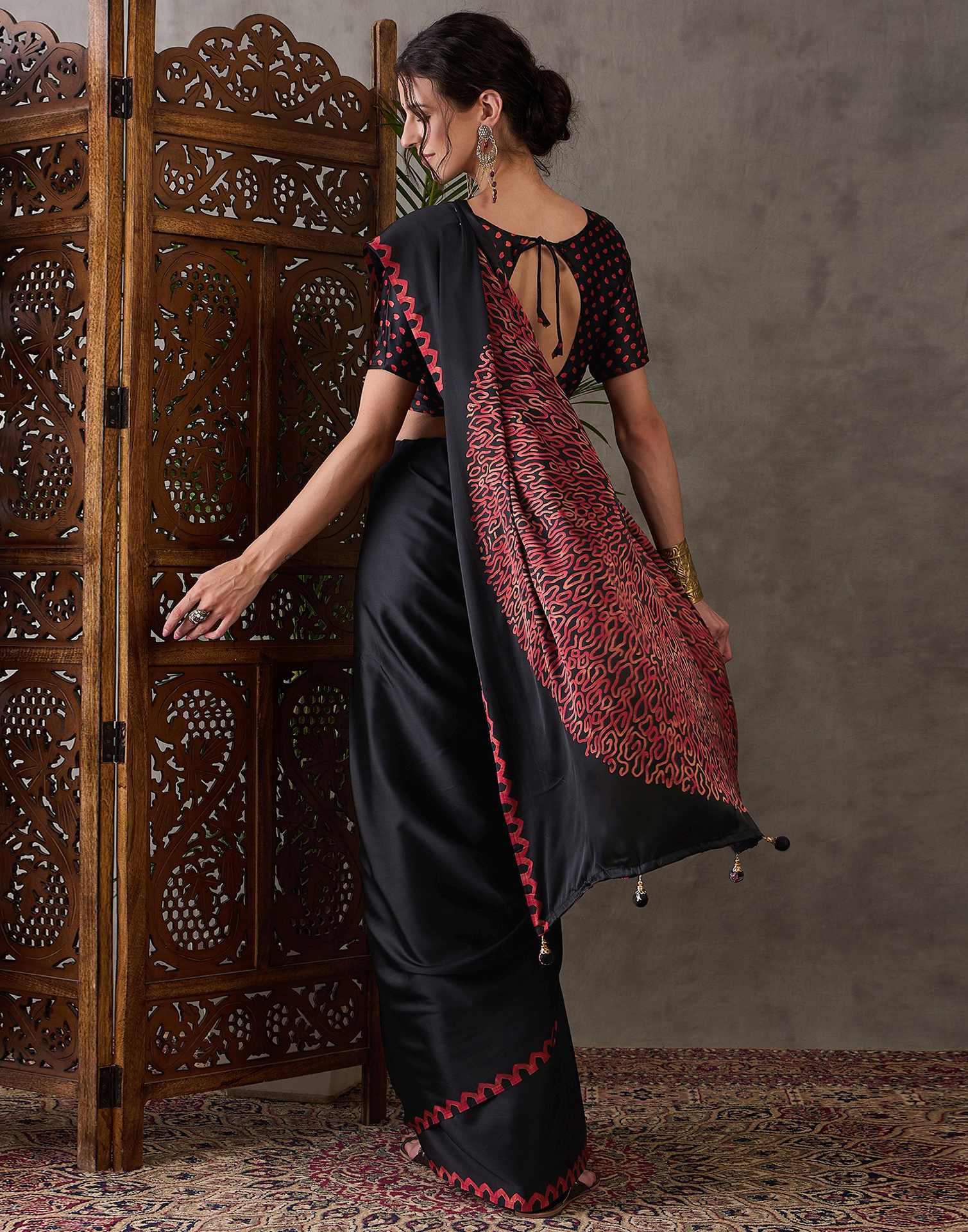 Black Satin Printed Saree - Image 6