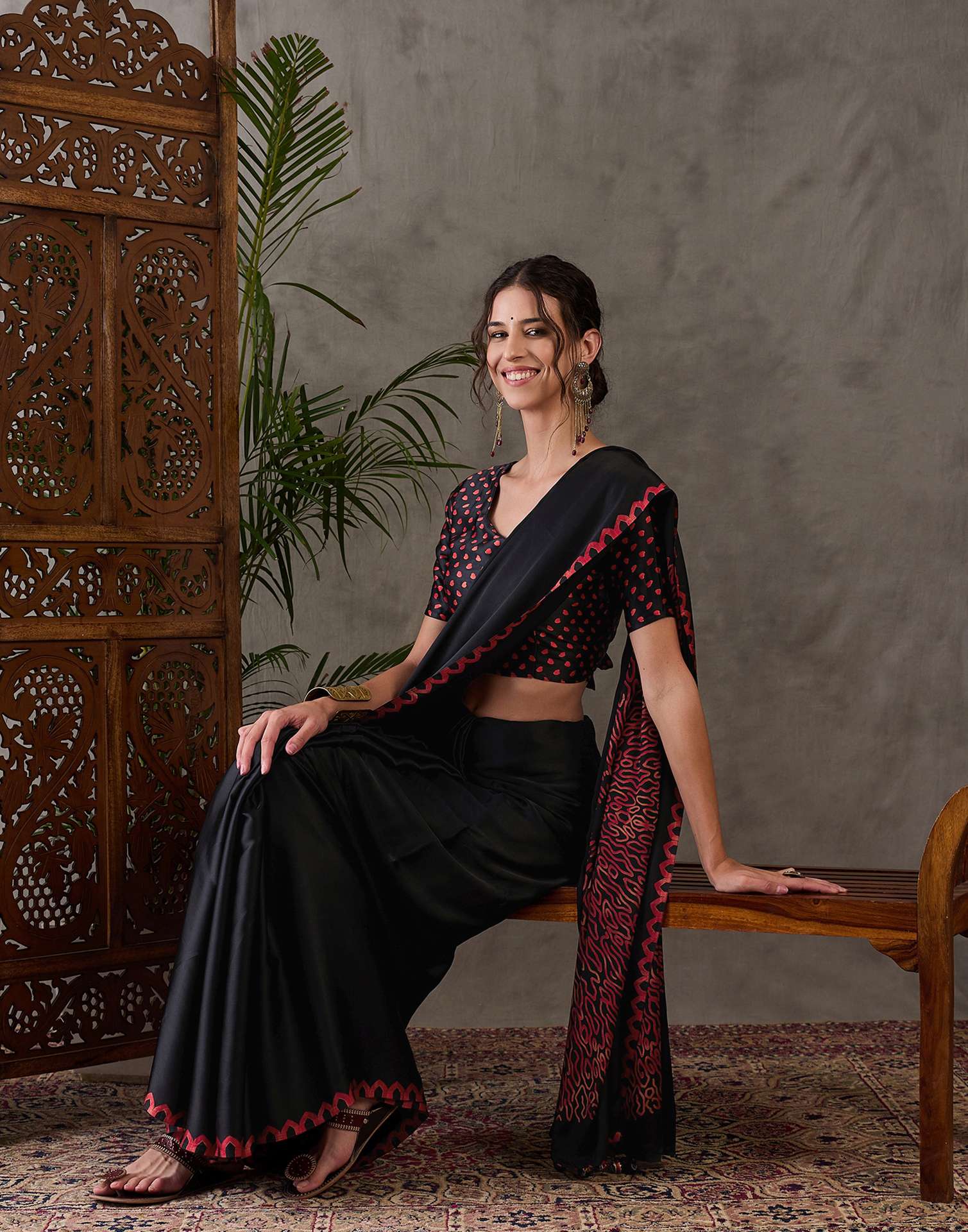 Black Satin Printed Saree - Image 7