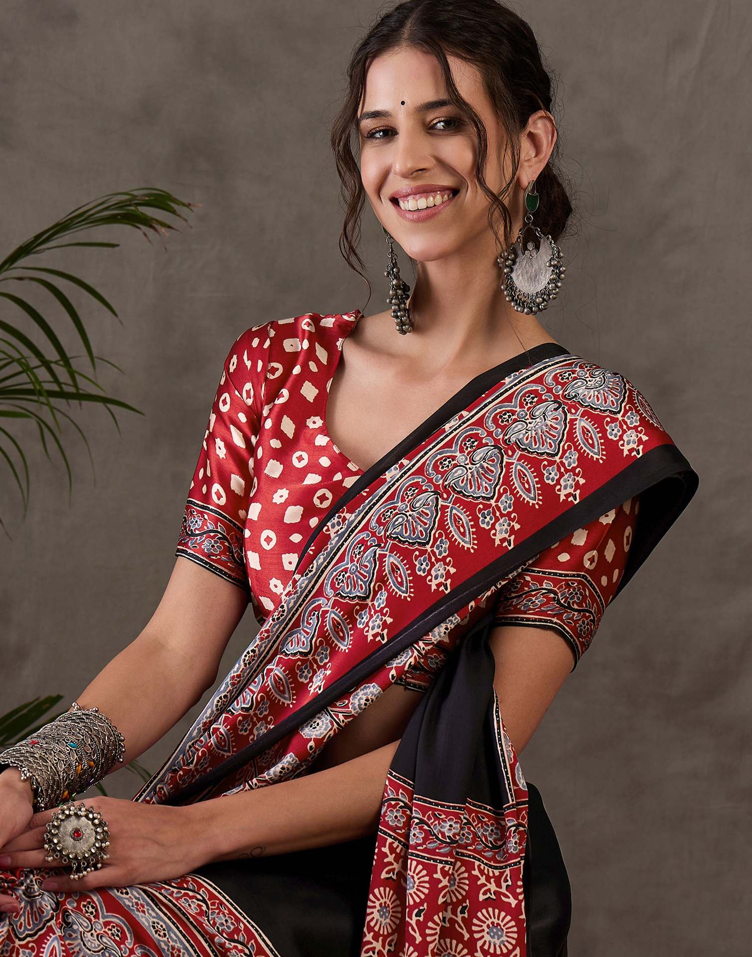 Black Satin Printed Saree - Image 2