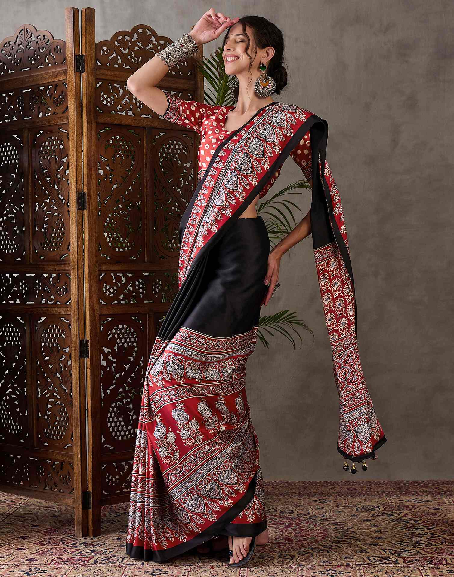 Black Satin Printed Saree - Image 4