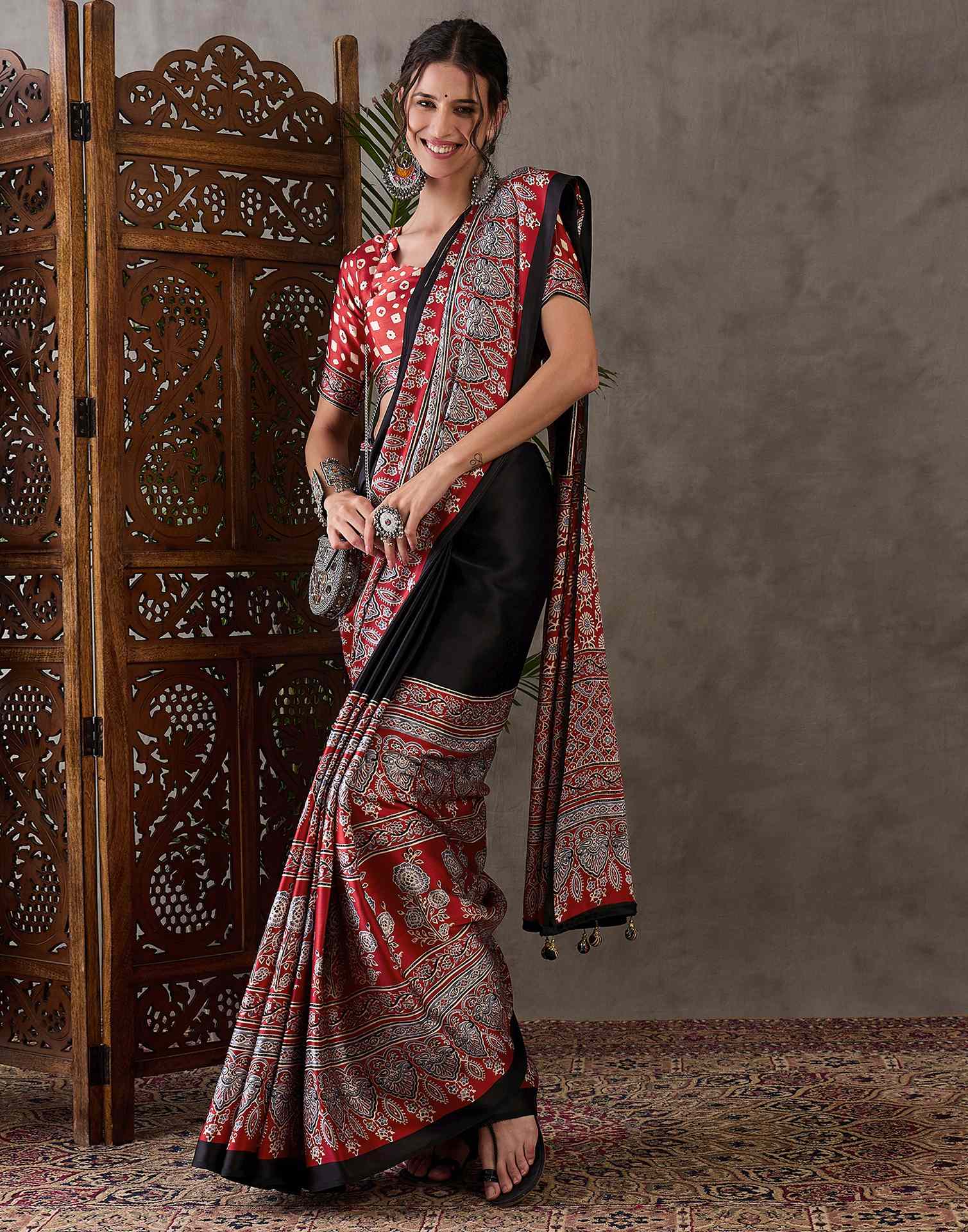 Black Satin Printed Saree - Image 5