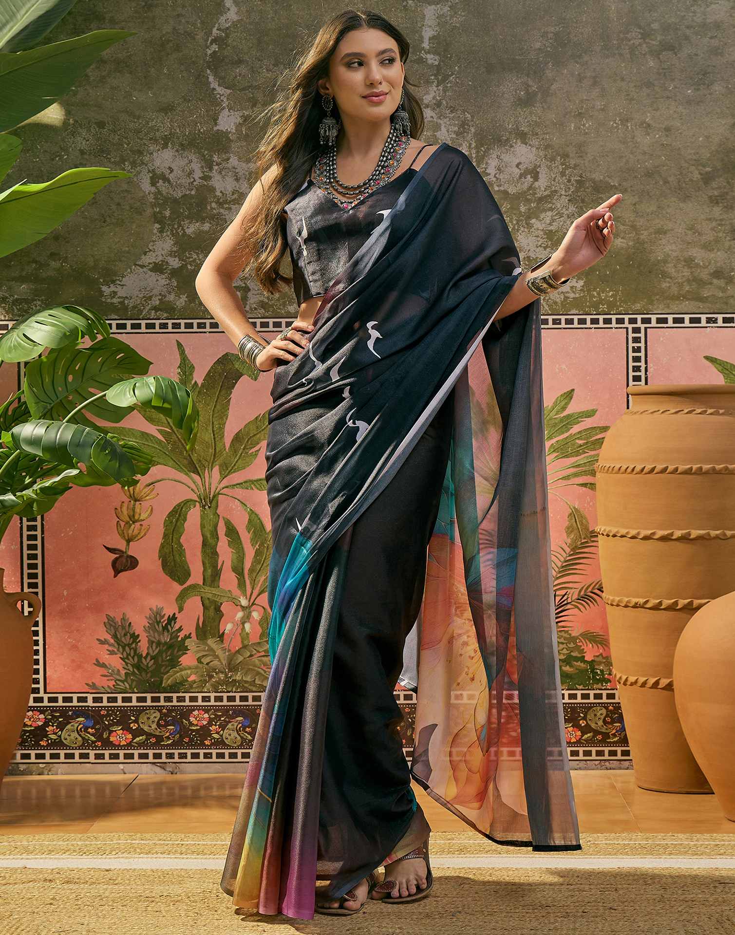 Black Shimmer Georgette Printed SareeĀ - Image 6